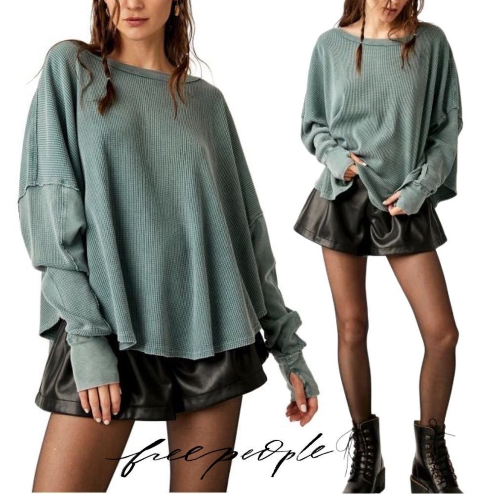 Free People Oversized Thermal Long Sleeve Top in Sage Green
